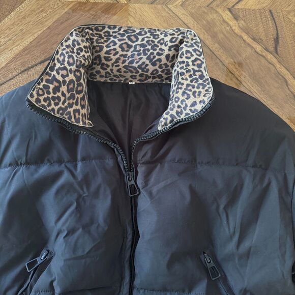 Cropped Black Puffer Jacket Soft Suede Leopard Print Collar Ribbed Cuffs Urban - Picture 3 of 12